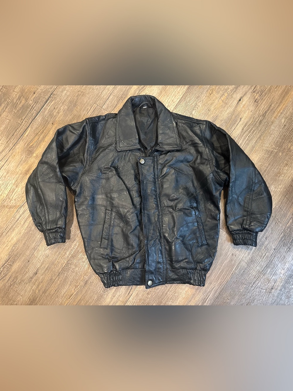 Vintage Kids Black Patchwork leather Bomber Jacket Sz M 10/12 EUC